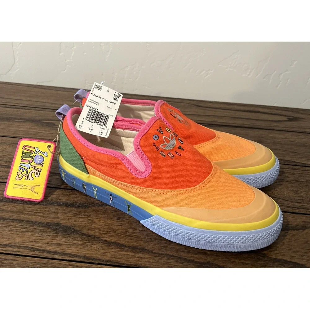 Adidas Originals Mens Nizza Slip On Pride Sneakers Shoes Orange GW2421 Size 6.5
